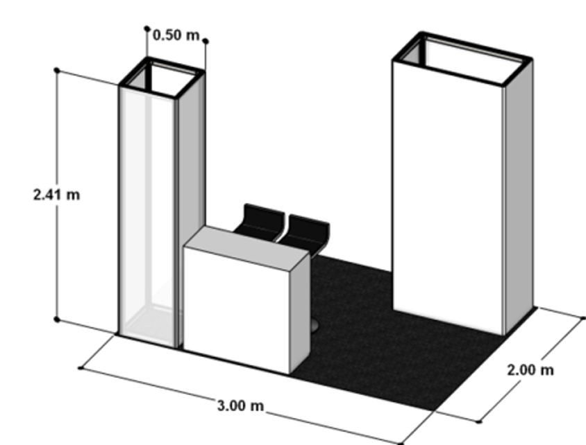 Gold exhibit space layout diagram: 3 × 2 m footprint with a 2.41 m tall translucent fabric-skin tower, 1 × 2.41 m backing panel, 1 × 1 m counter and a cocktail chair