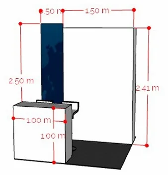 Premium exhibit space layout diagram: backlit totem 0.5 × 2.5 m, 1.5 × 2.5 m backing, 1 × 1 m printed counter with locker, and 2 cocktail chairs on a 2 × 2 m rug