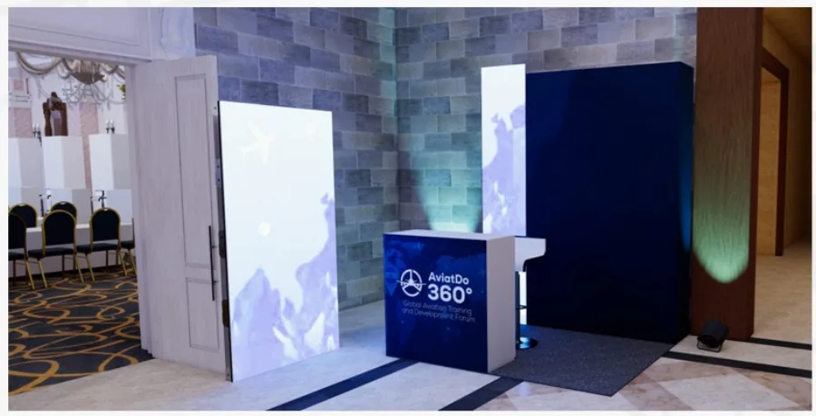 Rendered mockup of a Premium exhibit space with AviatDO 360° branding