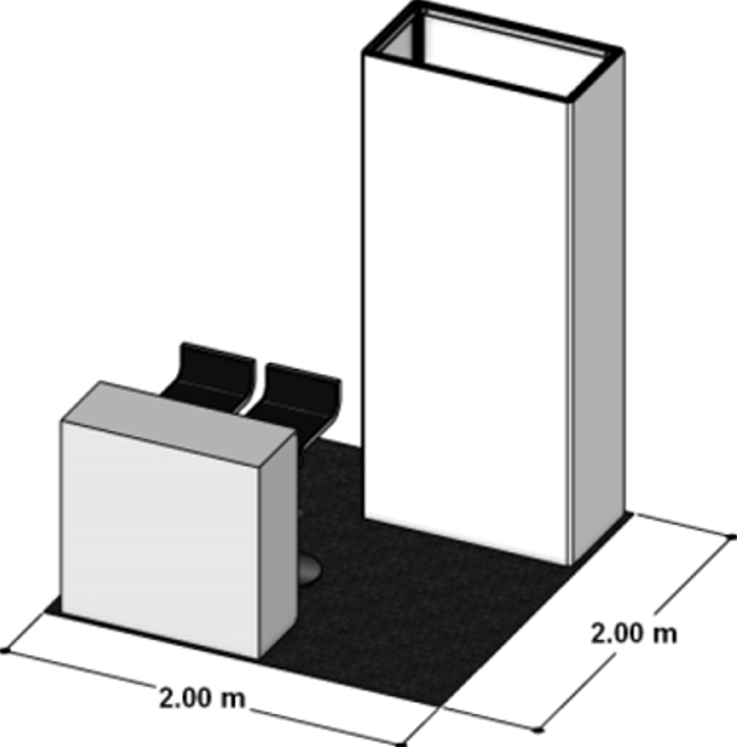 Silver exhibit space layout diagram: 2 × 2 m footprint with a backing panel, counter and cocktail chair