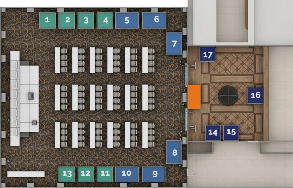 Forum floor plan showing the numbered Silver, Gold and Premium exhibit stand locations next to the registration area