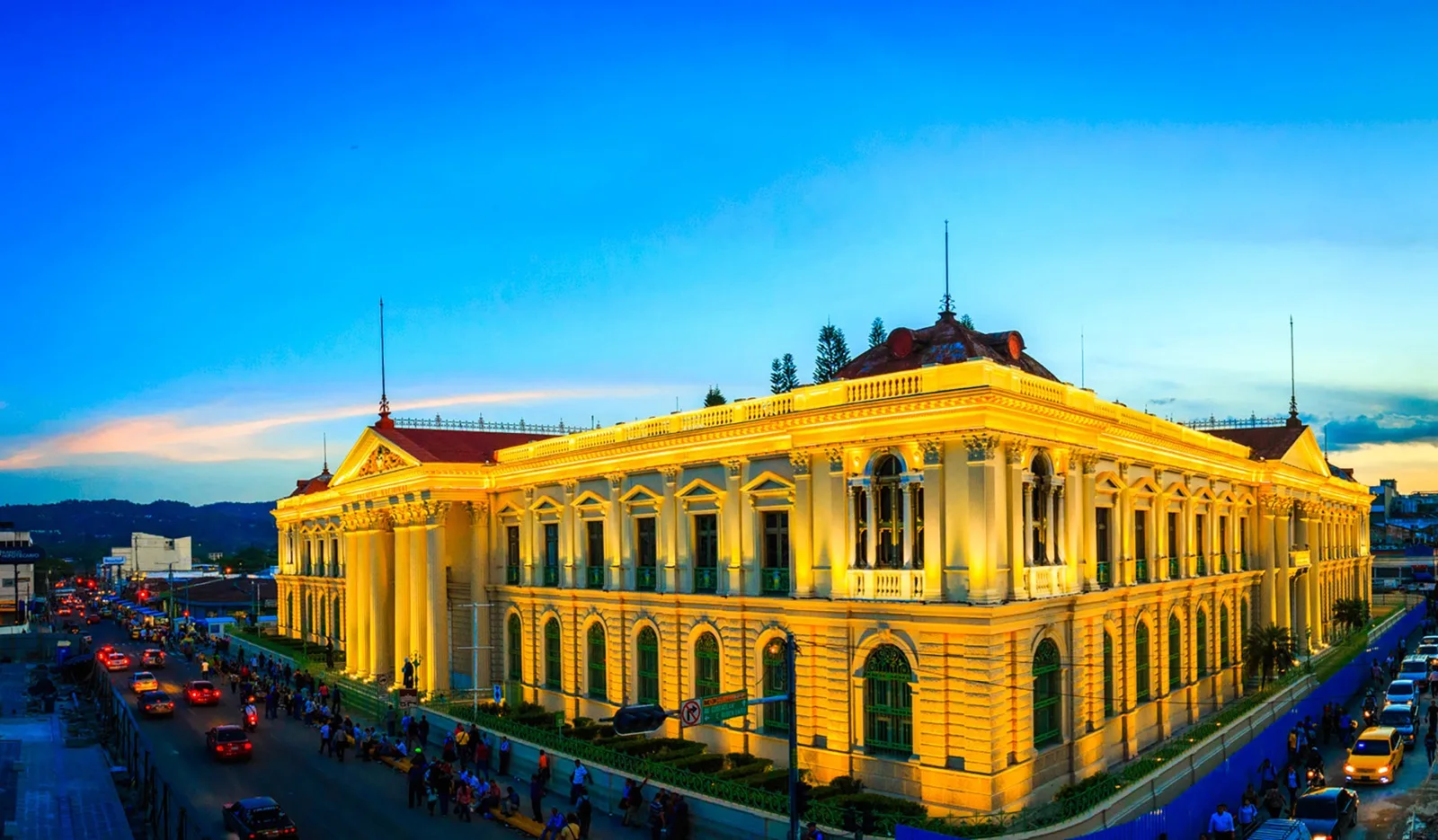 National Palace illuminated at street level
